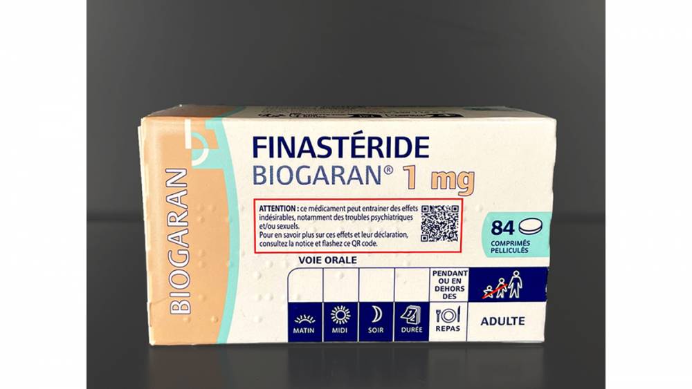 Boîtes de finastéride Biogaran avec les nouvelles mentions d’alerte.